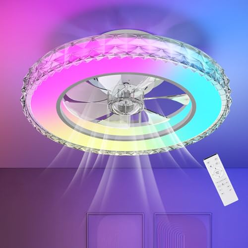 Ateroll Crystal Ceiling Fan with Light Ø43.5 cm, 3000K-4000K-6500K+RGB, 6 Adjustable Ventilation Speeds with Remote Control, Timer, Memory Light, Reversible Fan
