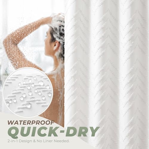 White Boho Fabric Shower Curtain 72 x 72 Inches, Modern Shabby Chic Textured Tufted Chevron Striped Minimalist Cloth Bathroom Shower Curtain