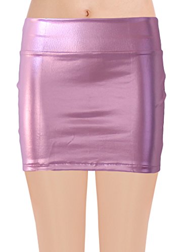JustinCostume Women's Shiny Metallic Liquid Short Mini Skirt (S, Light Pink)