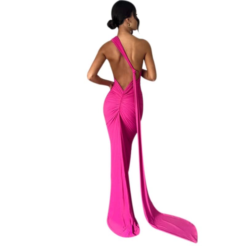 Photo 1 of Women's Sexy One Shoulder Backless Maxi Dress Elegant Ruched O Ring Sleeveless Evening Dress Long Gown Cocktail Dress Hot Pink