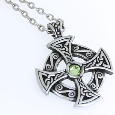 Pewter Solar Cross Celtic Pendant on Chain w/ Swarovski Crystal Light Green August Birthday