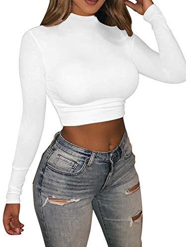 LAGSHIAN Basic Long Sleeve Crop Top, Women's Turtleneck Sexy Casual Top White