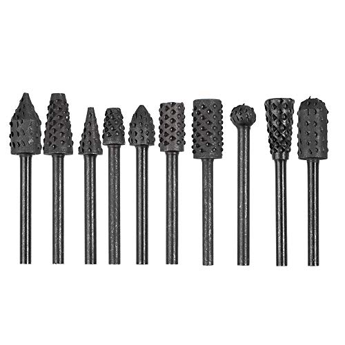 Bestgle 10pcs 1/8"(3mm) Shank Rotary Burr Rasp Set Carbon Steel Wood Carving File Rasp Drill Bits Fit Dremel Rotary Tools for DIY Woodworking Wood Plastic Carving Polishing Grinding Engraving, Black