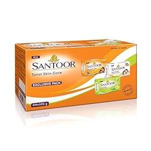 Santoor Total Skin Care Soaps (Sandal, Almond, Aloe Fresh Soaps combo), 125g (Pack of 6)