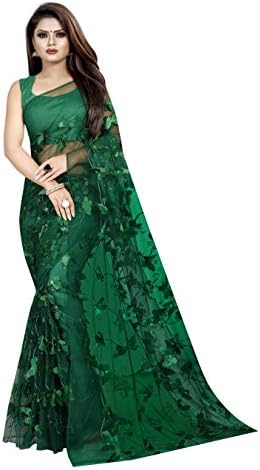 Market Magic World Women's Net Embossed Bufferfly Saree with Blouse