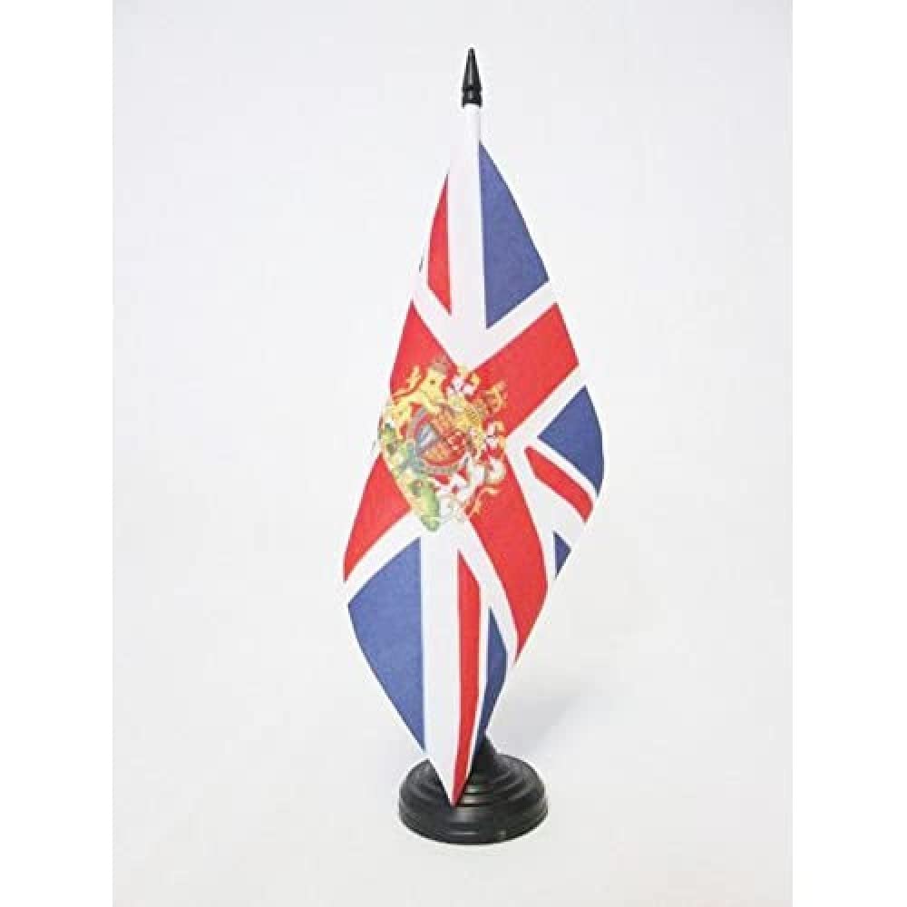 AZ FLAG United Kingdon Coat of arms Table Flag 5'' x 8'' - British Office Decoration 100% Polyester 21 x 14 cm - Mini Desk Flag with Pole and Black Plastic Base