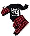 Baby Little Man Long Sleeve Print Romper Plaid Pants Hat Outfits Layette Set (Black, 0-6 Months)