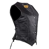 Women Long Cut Black Leather Motorcycle Vest with Braid on Front and Back (L)