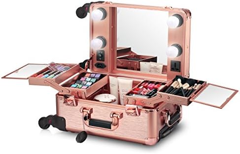 Ovonni LED Makeup Train Case, Lighted Rolling Travel Portable Cosmetic Organizer Box with Mirror and 4 Detachable Wheels, Professional Artist Trolley Studio Free Standing Workstation, Rose Red