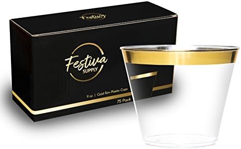 Gold Rim Plastic Cups 9 oz | 75 Pack | Clear Disposable Plastic with Decorative Golden Trim | Fancy Wedding and Party Cups by Festiva Supply