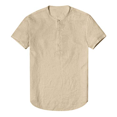 Ximandi Men's Baggy Cotton Linen SOID Color Short Sleeve Retro T Shirts Tops Blouse Khaki