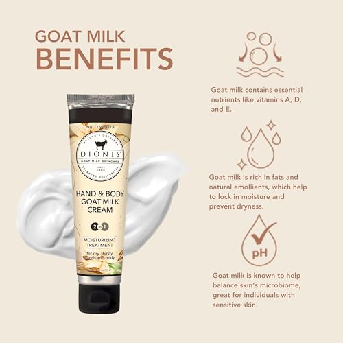Dionis Goat Milk Skincare 3.3oz Nutty Vanilla Hand & Body Cream - Travel Size Hand Lotion For Hydrating & Moisturizing Dry Skin - Cruelty Free Cream Made In The USA - Paraben Free Formula