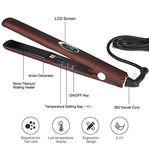 Hair Straightener - VIVK Flat Iron 1 Inch 3D Floating Plates & LCD Screen,Adjustable Temperature and Anion Generator Suitable for All Hair Types(Coffee)