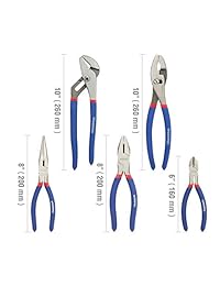 Workpro Juego de alicates de 5 piezas (articulación deslizante de 10.0 in, Linesman de 8.0 in, nariz de 8.0 in de largo, diagnóstico de 6.0 in, junta de ranura de 10.0 in)