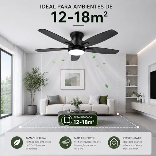 Ventilador de Teto de Embutir com Luz 42 Polegadas, Controle Remoto, Motor Reversível, 6 Velocidades, LED Dimerizável, Silencioso para Quarto e Sala
