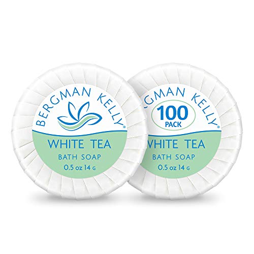 BERGMAN KELLY Travel Soap Bars (White Tea, 0.5 oz, Round 100PK), Travel Size Luxury Bulk Hotel Bar Soap; Mini Individually Wrapped Soap Hotel Toiletries for Airbnb, Motel, Guest Bathroom