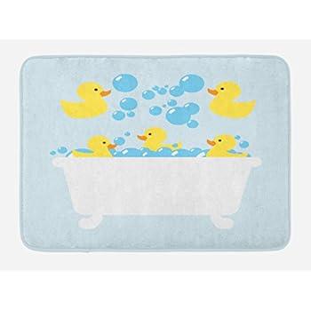 Lunarable Duckies Bath Mat, Yellow Rubber Poultry Toys Inside a Tub Abstract Cartoon Style Drawing with Bubbles, Plush Bathroom Decor Mat with Non Slip Backing, 29.5