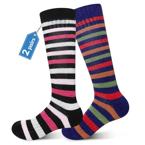 Kids Ski Socks Merino Wool Winter Warm Thermal Hiking Snowboarding Knee High Heavy Boot Socks for Toddler Boys Girls 2 Pairs