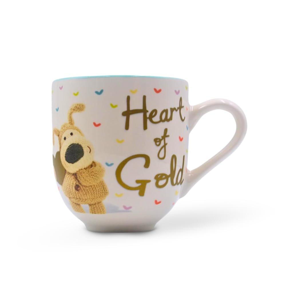 Boofle Heart of Gold Ceramic Mug 350ml – Cute Licensed Boofle Dog Gift Mug with Gold Script & Colourful Hearts – Tea Coffee Hot Chocolate Cup