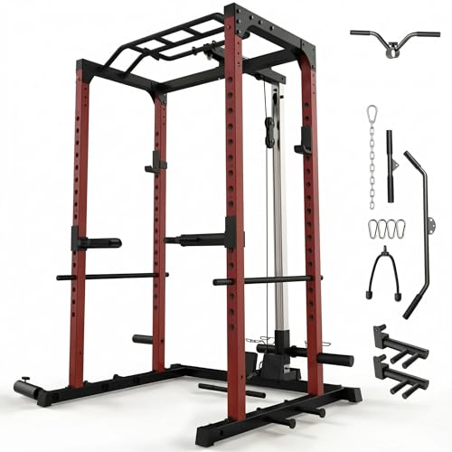 All in One Power Cage Squat Rack with LAT Pulldown & Cable Pulley System, 1200LBS Home Gym Power Rack with Dip Bars, Pull Up Bar, Weight Rack for Bench Press & Strength Training
