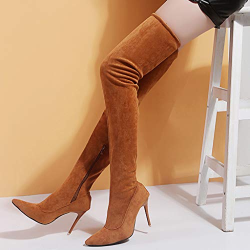 Dermanony Womens Over Knee High Heel Boots Fashion Flock Pointed Toe Zipper High Boots Solid Color High Heel Shoes Brown - Thumbnail 3