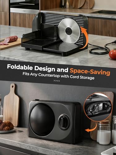 FOHERE Cortadora de Fiambre, Cortafiambres Eléctrico Plegable, con 2 Cuchillas de Acero Inoxidable y Grosor Regulable 0-15mm, Perfecta para Cortar Pan, Queso, Embutidos y Verduras