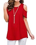 PrinStory Womens Short Sleeve Off Shoulder Round Neck Casual Loose Top Blouse T-Shirt Red-L