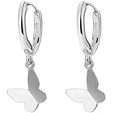 Tiny Butterfly Dangle Hoop Earrings for Women Girls 925 Sterling Silver Hypoallergenic Minimalist Small Charms Drop Dangling Huggie Hoops Cartilage Fashion Cute Jewelry Dainty Gifts