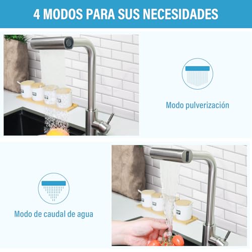 GALASALA Llaves para Fregadero de Cocina De Acero Inoxidable, Mezcladora para Fregadero Extraible, Grifo de Cocina Con 2 Mangueras Fría y Caliente, Monomando para Fregadero Con Rociador de 4 Modos