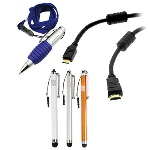 BIRUGEAR 6FT Mini-HDMI to HDMI Cable with Ferrite + 3 Packs of Stylus Pen (Silver / Orange / White) for Fuhu NABI NABI2-NV7A 7-Inch Tablet with *Pen*