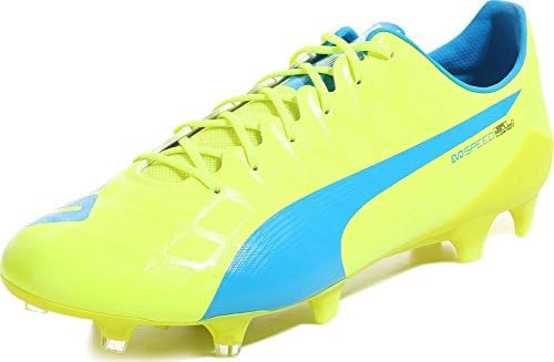 PUMA MEN'S EVOSPEED SL-S FG SOCCER CLEATS (SAFETY YELLOW/ATOMIC BLUE/WHITE) (9.5)