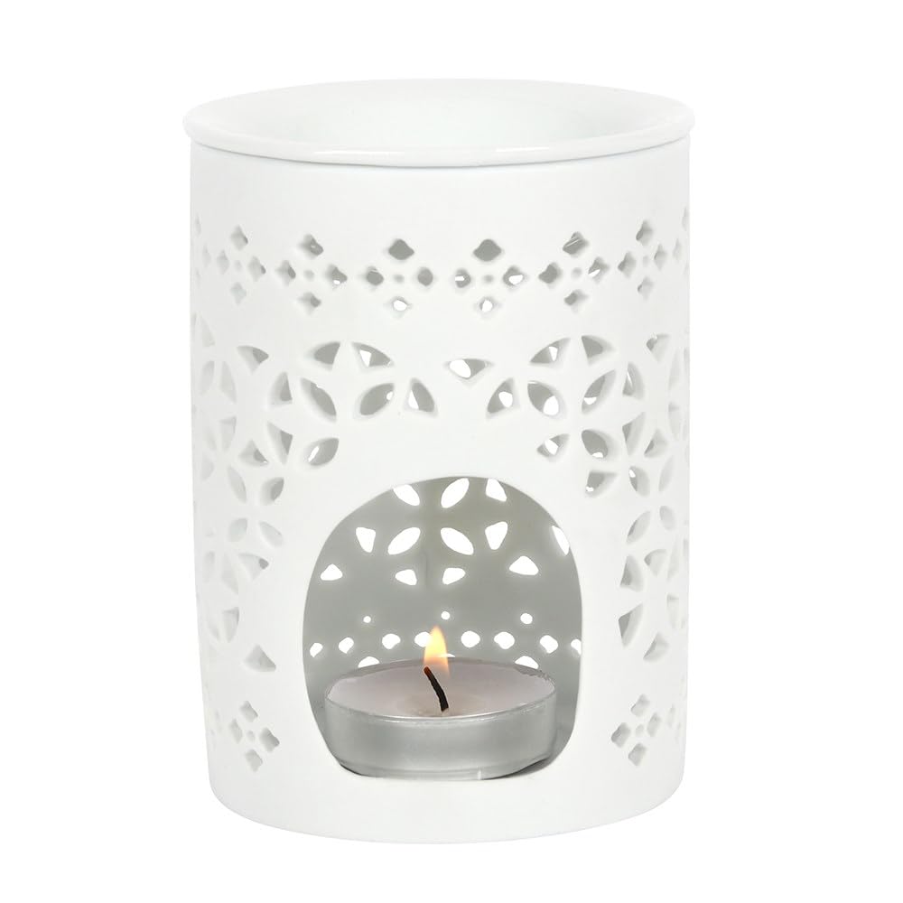 Chic Matte White Ceramic Oil Burner - 11cm x 8.5cm (1 Pc.) - Elegant Cut-Out Design, Premium Quality Material - Ideal for Therapy, Home Decor Accent & Gift