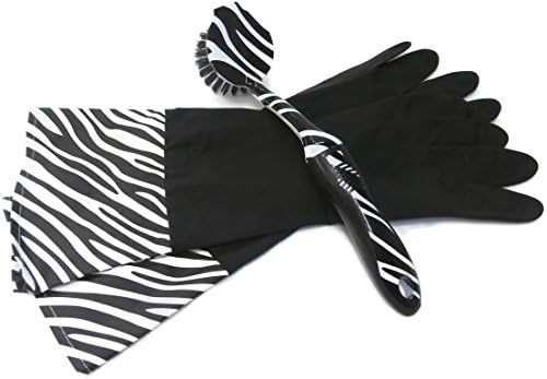 Decorative Cleaning Tools: Dust Pan Set, Rubber Gloves And Dish Washing Brush (Gloves and Brush, Zebra)