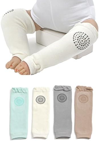 Unisex Baby Leg Warmers Crawling Protective Toddler Knee Pads Non-Skid 4 Pairs 6-24M (White ,Gray, turquoise blue,khaki)