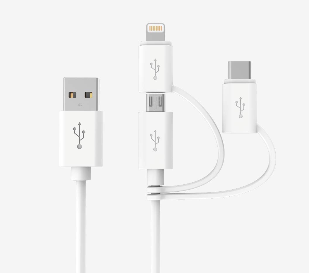 Apple MFI Certified 3-in-1 Cable, Lightning/Type C/Micro USB Cable for iPhone, iPad, Huawei, HTC, LG, Samsung Galaxy, Sony Xperia, Android Smartphones, iPad Pro 2018 and More 3 in 1 White(3FT)