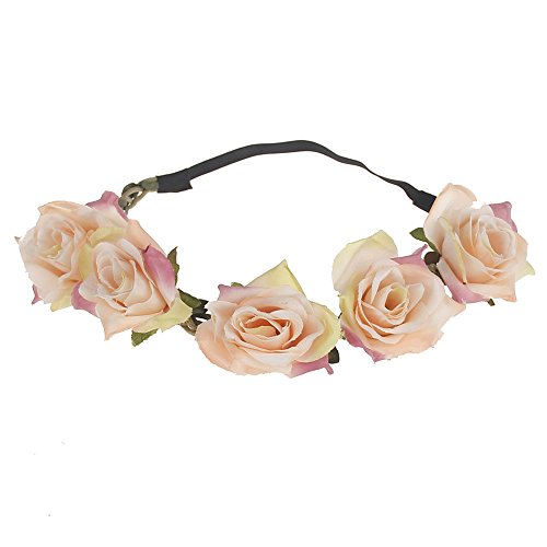June Bloomy Women Rose Floral Crown Boho Flower Headband Hair Wreath (Pink) - Thumbnail 2
