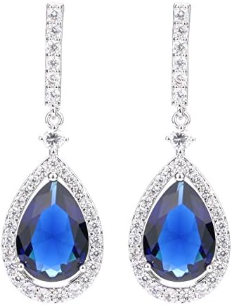 18k White Gold Plated Cubic Zirconia Teardrop Dangle Drop Earrings Blue Sapphire