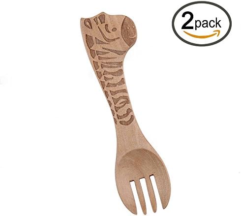 New Edition Eco Friendly Wooden Utensil Slotted Spoon and Fork, Versatile Usage, Cartoon theme (Pack of 2)
