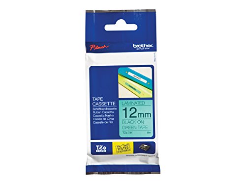 Brother TZe-731 Labelling Tape Cassette, Black on Green, 12 mm (W) x 8 m (L), Laminated, Brother Genuine Supplies
