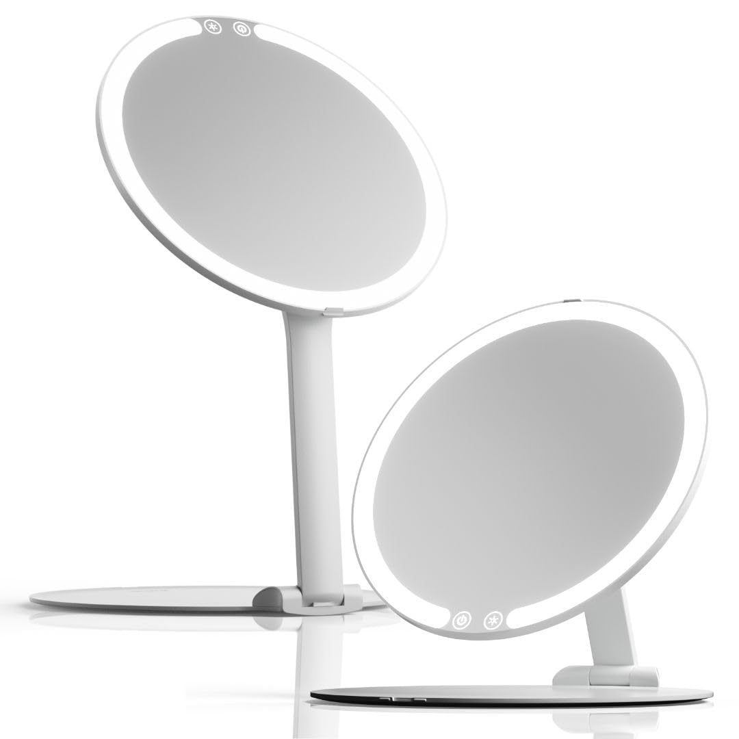 Fancii Rechargeable Portable Makeup Mirror with LED Light, 8" Foldable Stand with Adjustable Height, 3 Color Modes - Dimmable & Ultra Lightweight Travel Vanity Mirror (White)