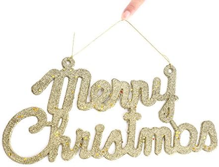 Golden 7.7" Merry Christmas Glitter Hanging Sign Holiday Decoration for Door Wall Tree