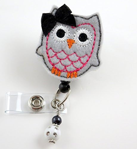 Gray and Fuchsia Owl - Nurse Badge Reel - Retractable ID Badge Holder - Nurse Badge - Badge Clip - Badge Reels - Pediatric - RN - Name Badge Holder