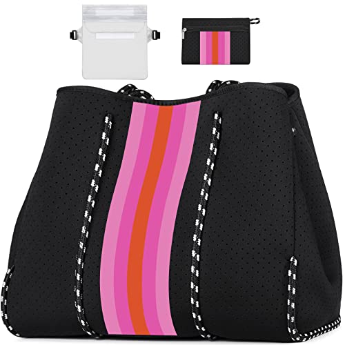IBFUN Neopren-Tragetasche, Strandtasche, Damen, Fitnessstudio, Pooltasche, große Reisetasche, A4, schwarz/rosa, aufgerüstet, L