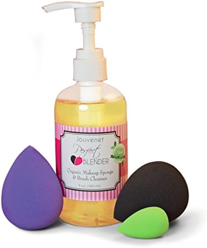 Jouvenet Beauty Sponge Blender 5 Piece Gift Set – 3 Foundation Sponges for Liquid, Powder &amp; Cream Concealer Makeup, 5 oz. Organic Blender Cleanser, Storage Gift Bag &amp; Highlight/Contour eBook