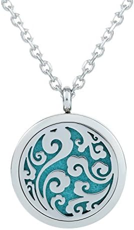 PTO Aromatherapy Necklace with 30mm 316L Stainless Steel Locket Pendant in Swirls and Clouds Design | 24 inch Chain | 16 Aroma Pads | For use with Essential Oils