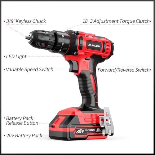 Power Drill Cordless, 20V Cordless Drill, Electric Power Drill Set with 1 Battery & Charger, 3/8” Keyless Chuck, 2 Variable Speed, 18+3 Torque and 72pcs Drill/Driver Bits, Red