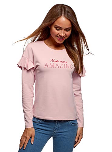 oodji Ultra Women's Flounce Cotton T-Shirt, Pink, US 6 / EU 40 / M