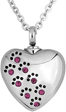 JewelryJo Urn Necklace For Ashes Cremation Keepsake Pendants Crystal Pet Cat Dog Paw In Love Heart Stainless Steel