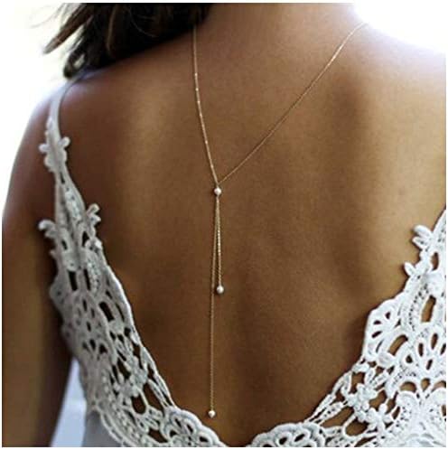 Yfe Back Necklace Pearl Backdrop Necklace Body Chain Jewelry for Women and Girls Bridal Jewelry(Gold)