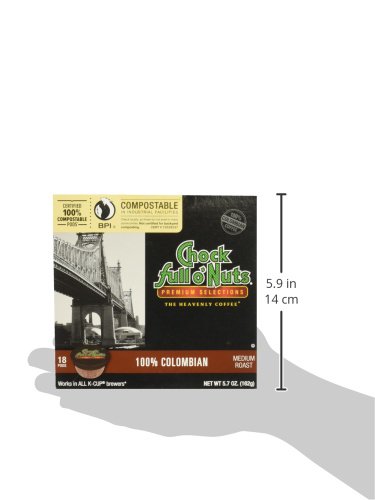 CHOCK FULL O’NUTS COLOMBIAN MEDIUM ROAST, K-CUP COMPATIBLE PODS (18 COUNT) – ARABICA COFFEE IN ECO-FRIENDLY KEURIG-COMPATIBLE SINGLE SERVE CUPS